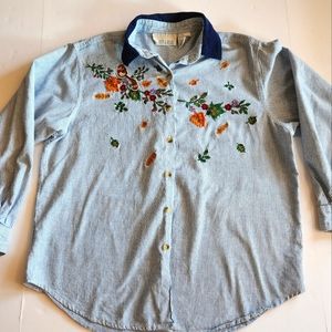 Vintage 90s Momcore Blue Striped Button Down Fall Foliage Embroidery Siz…